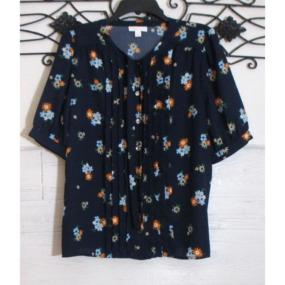 Charter Club Women's Top Size L Short Sleeve Blue Floral Round Neck